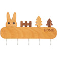 Suport pentru Chei, Vivimall, din Lemn, Aplicare fara Perforare, Adeziv Inclus, 5 Carlige Albe, Model Iepure, Greutate Suportata 5 kg, 13.5 x 22 cm, Maro - vivimall.ro