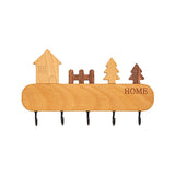 Suport pentru Chei, Vivimall, din Lemn, Aplicare fara Perforare, Adeziv Inclus, 5 Carlige Negre, Model Casuta, Greutate Suportata 5 kg, 13.5 x 23 cm, Maro - vivimall.ro