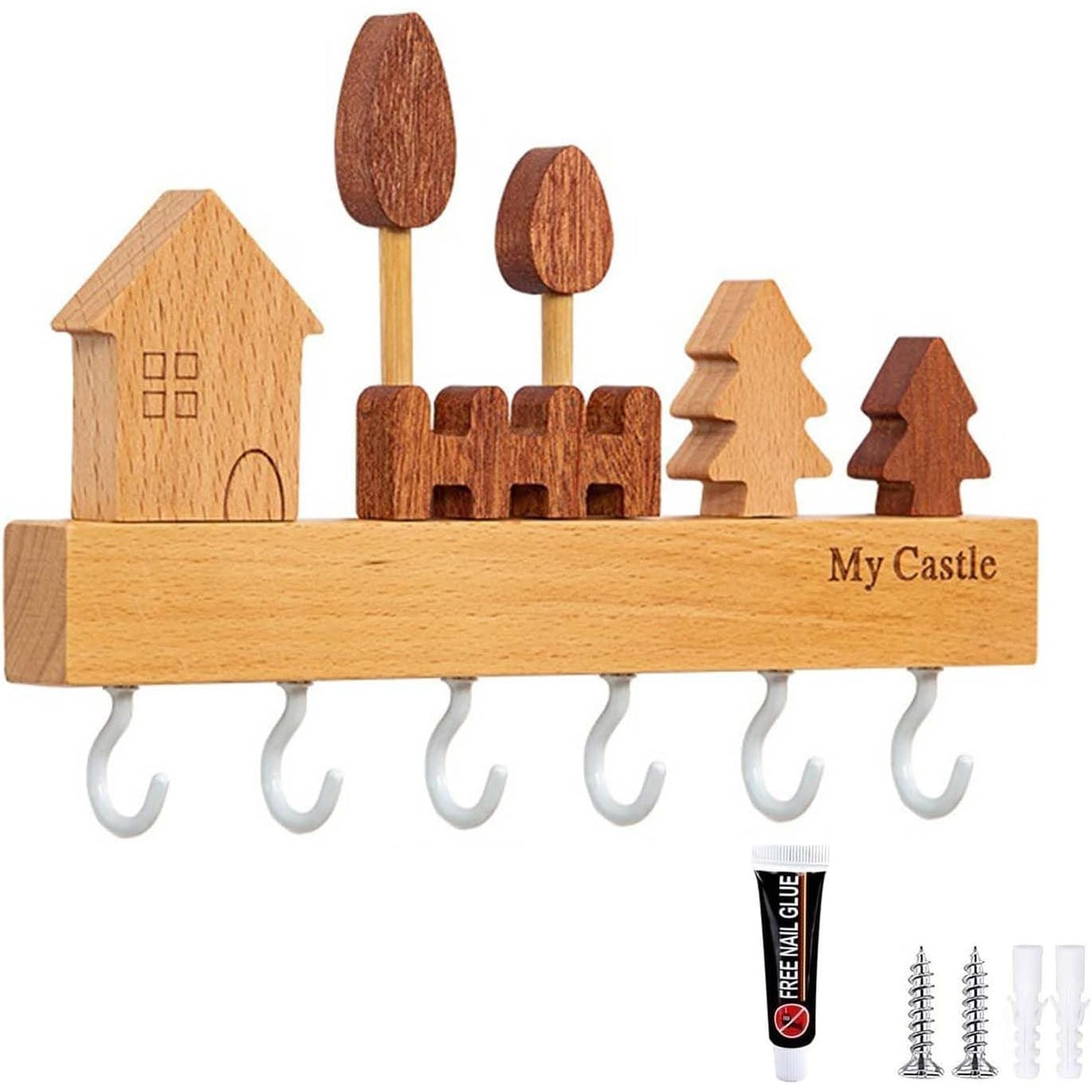 Suport Pentru Chei, Din Lemn, Aplicare Fara Perforare, Adeziv Inclus, 6 Carlige Albe, Model Casuta, Greutate Suportata 5 Kg, 14.5 X 2 X 22.5 Cm, Maro - vivimall.ro