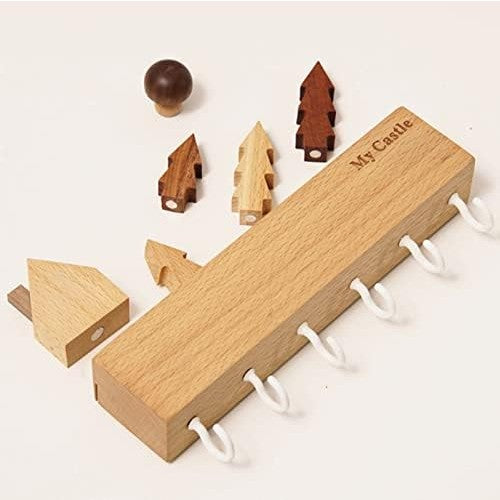 Suport Pentru Chei, Din Lemn, Aplicare Fara Perforare, Adeziv Inclus, 6 Carlige Albe, Model Casuta, Greutate Suportata 5 Kg, 14.5 X 2 X 22.5 Cm, Maro - vivimall.ro