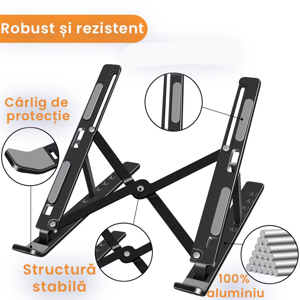 Suport pentru Laptop, Vivimall, Suport Portabil Pliabil, Universal Reglabil Suspendat pentru Tableta, din Aliaj si ABS, 100-160 mm, 26 x 19 x 16 cm, Negru - vivimall.ro