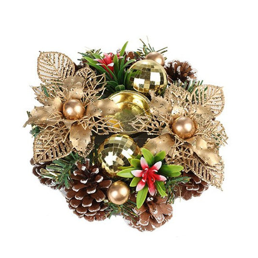 Suport pentru Lumanare de Craciun, Vivimall, Model Cupa cu 2 Globutele Aurii si 2 Flori cu Conuri, Sfesnic de Tip Ghirlanda, Decoratiune pe Masa de Craciun, 17.5 x 17.5 x 7 cm, Auriu - vivimall.ro