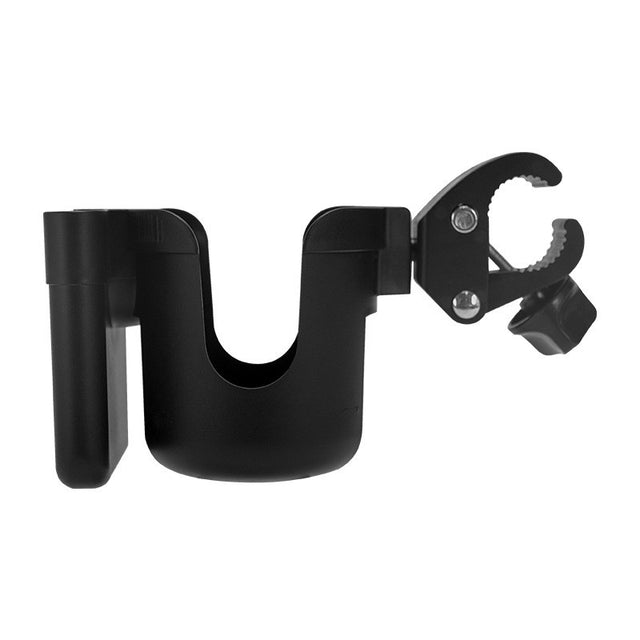 Suport universal pahar și telefon din ABS negru, vedere frontală, compatibil bicicletă și cărucior