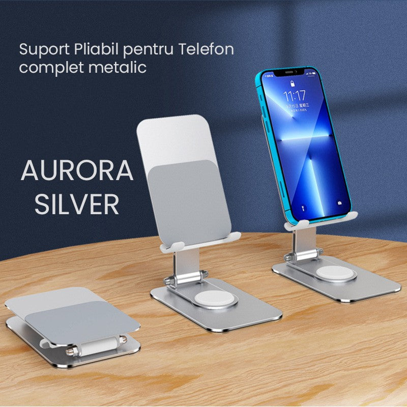 Suport pentru Telefon, Vivimall, Suport Pliabil pentru Streaming, din Aliaj de Aluminiu, Compatibil cu Tableta, pentru Birou, 14.6 x 11.5 x 7 cm, Aurora Silver - vivimall.ro