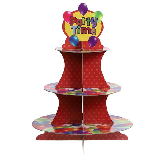 Suport prăjituri etajat din carton cu 3 nivele, design roșu multicolor pentru petreceri și candy bar, vedere frontală
