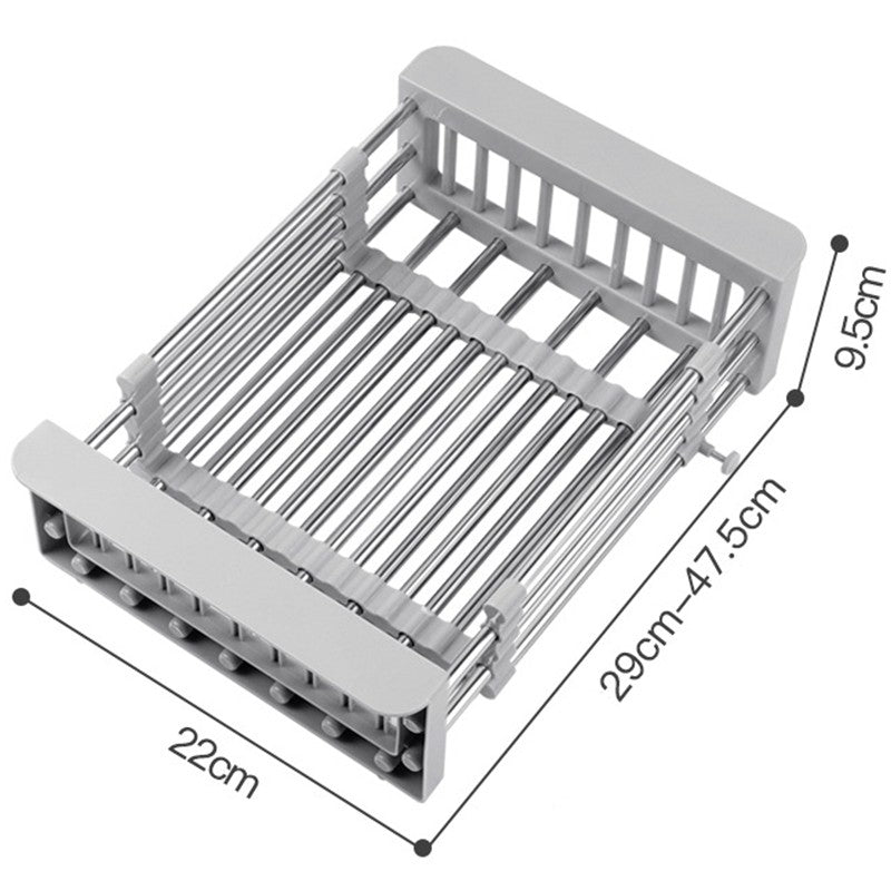 Suport Scurgere Extensibil pentru Bucatarie, Vivimall, Uscator Vase din Otel Inoxidabil, Suport Tacamuri si Pahare, Suport pentru Fructe si Legume, 29 x 22 x 9.5 cm-Gri - vivimall.ro