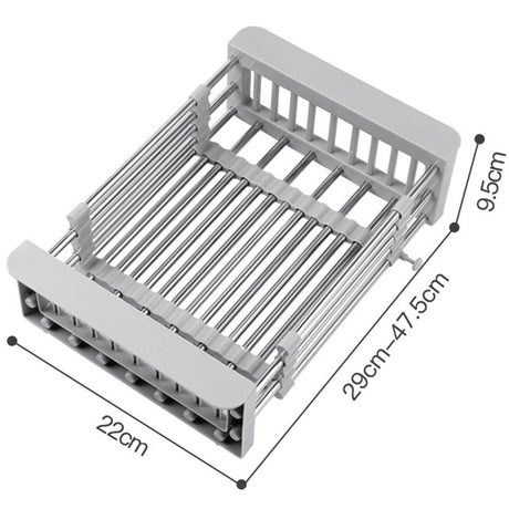 Suport Scurgere Extensibil pentru Bucatarie, Vivimall, Uscator Vase din Otel Inoxidabil, Suport Tacamuri si Pahare, Suport pentru Fructe si Legume, 29 x 22 x 9.5 cm-Gri - vivimall.ro