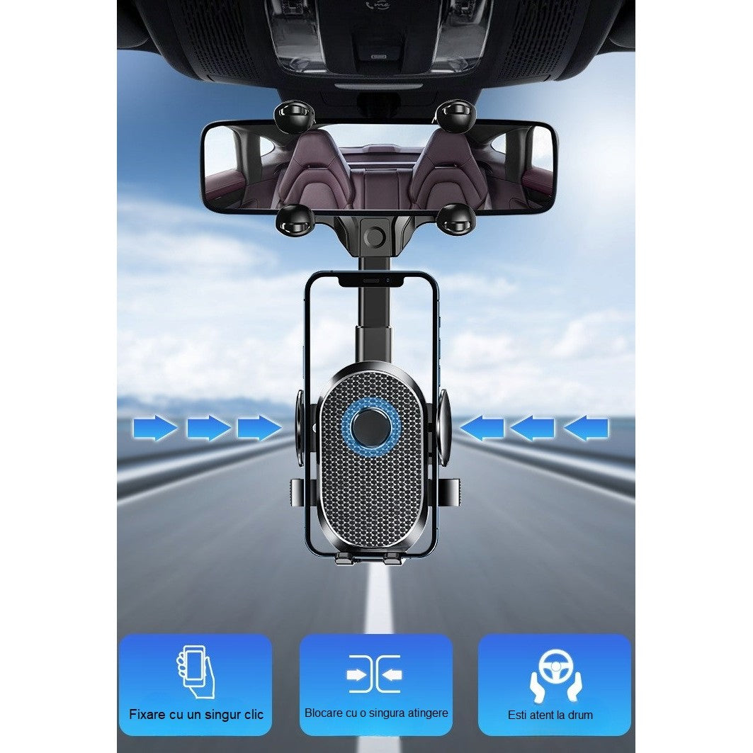 Suport Telefon Auto, Vivimall, Pentru Oglinda Retrovizoare, din ABS, Reglabil 360°, Negru - vivimall.ro
