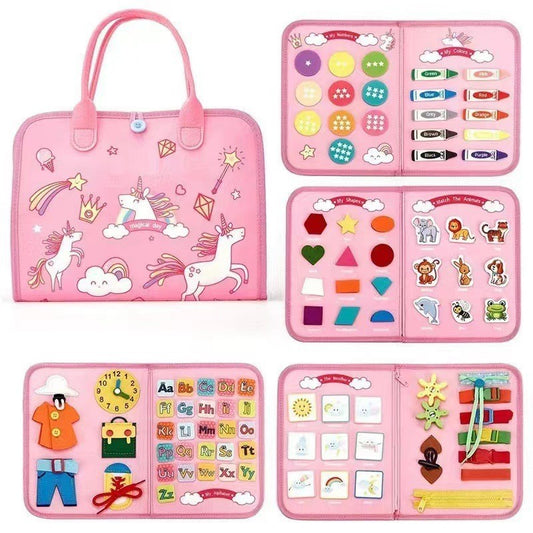 Carte Senzoriala Educativa Montessori, Vivimall, Dezvoltare Abilitati Motorii, 5 Pagini, Model Unicorni, 28x22x7 cm, Roz - vivimall.ro