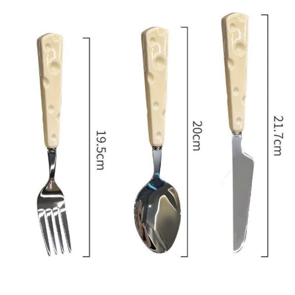 Tacamuri pentru Copii, Vivimall, Set 3 Piese, Tacamuri pentru Dejun, Lingura Furculita Cutit, Stil Italian, Manere forma Cascaval Plastic, Inox, 23 cm, Auriu - vivimall.ro