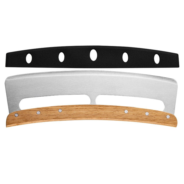 Taietor Feliator de Pizza, Vivimall, din Otel Inoxidabil, cu Capac, Maner din Lemn, Antialunecare, Lama Neteda si Ascutita, 34x10 cm, Maro - vivimall.ro