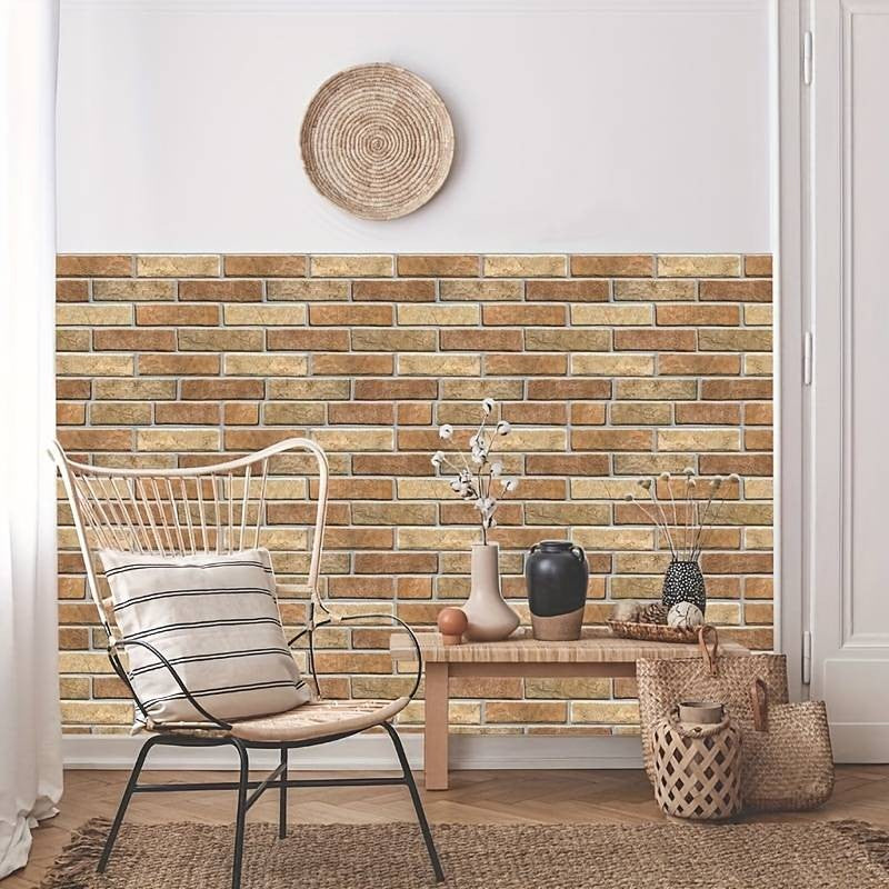 Set 10 x Placi Tapet Autocolant 3D cu Imitatie de Caramida de Piatra, pentru Perete Bucatarie Sufragerie, Usor de Curatat, Rezistent la Apa, Autoadeziv, 30x30 cm, Maro - vivimall.ro