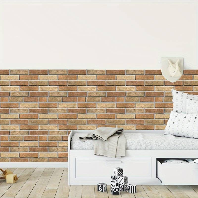 Set 10 x Placi Tapet Autocolant 3D cu Imitatie de Caramida de Piatra, pentru Perete Bucatarie Sufragerie, Usor de Curatat, Rezistent la Apa, Autoadeziv, 30x30 cm, Maro - vivimall.ro