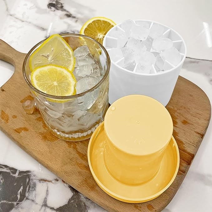 Tava de Gheata din Silicon cu Capac, Vivimall, Forma de Gheata pentru Racirea Bauturilor, in Forma de Pahar, Silicon fara BPA, Cuburi de Gheata, 9x8.5x8 cm, Galben - vivimall.ro