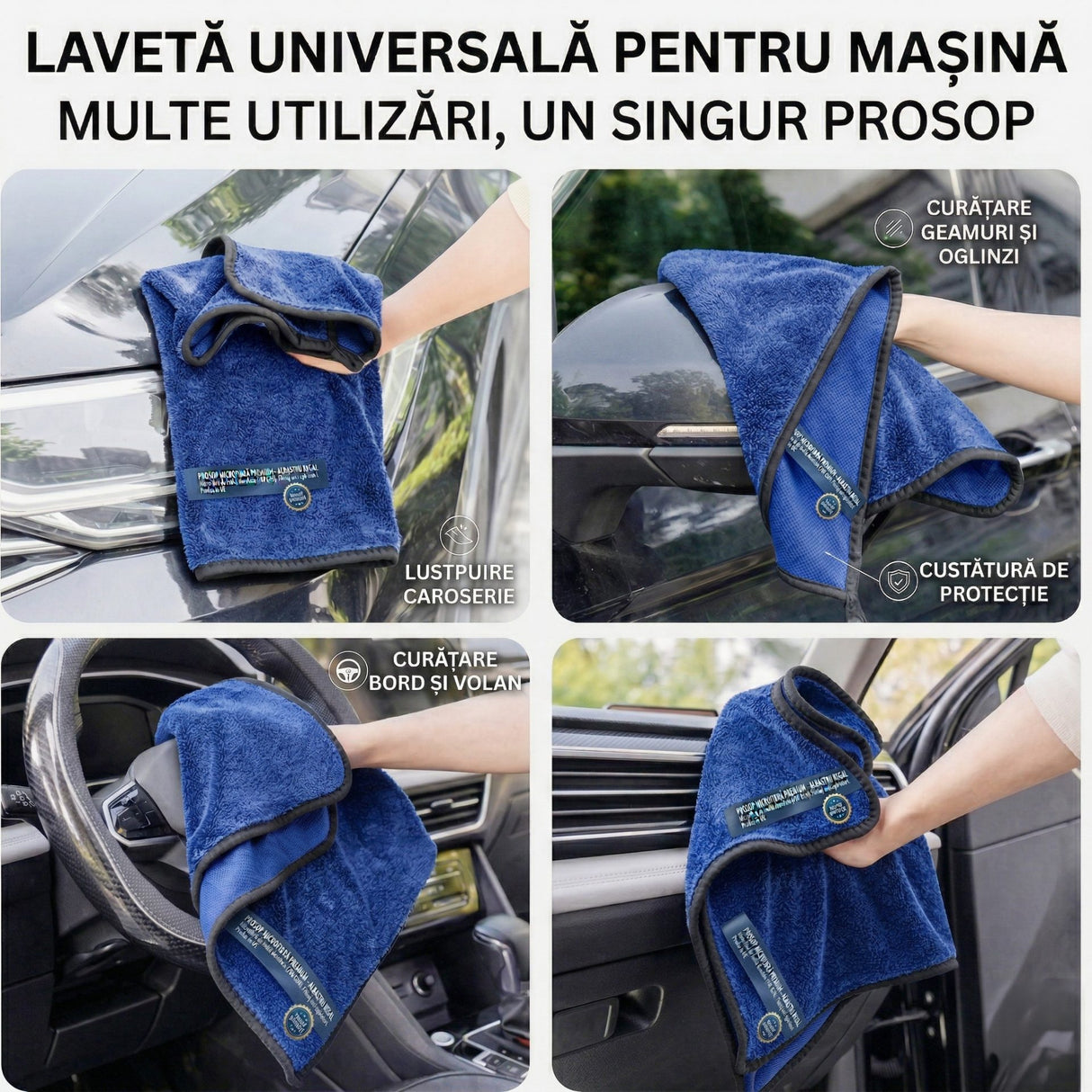 Prosop microfibră auto Flippy 90×70 cm pliat, ambalaj și conținut pachet, model albastru închis