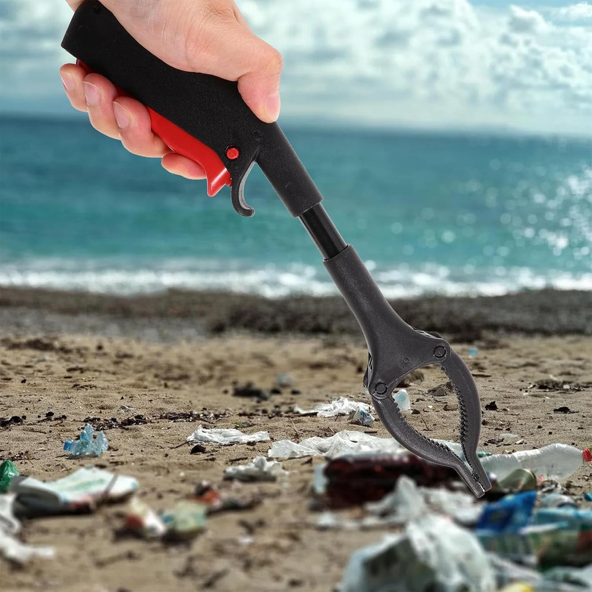 Cleste pentru Colectarea Deseurilor, Flippy, din Metal si Plastic, 30 cm, Fara Maini Murdare, Negru/Rosu - vivimall.ro