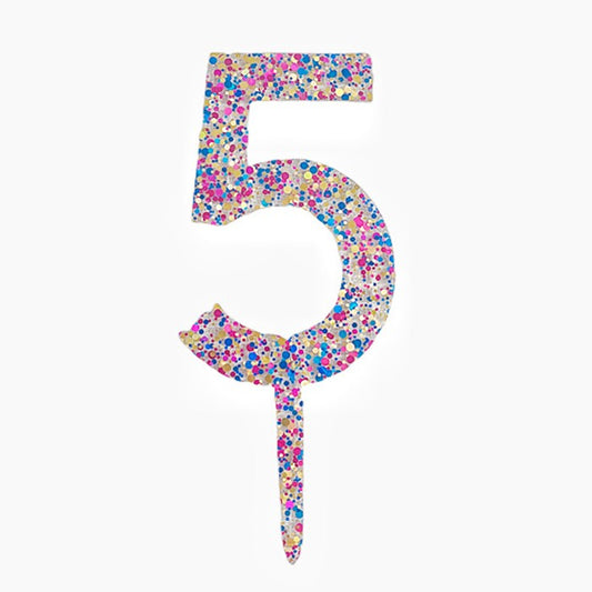 Decoratiune Topper pentru Tort, Vivimall, din Acrilic cu Fulgi de Sclipici, Model Cifra 5, Inaltime 18.5 cm, Transparent Multicolor- - vivimall.ro