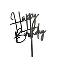 Topper tort Happy Birthday negru, font cursiv elegant, înălțime 10 cm, vedere frontală
