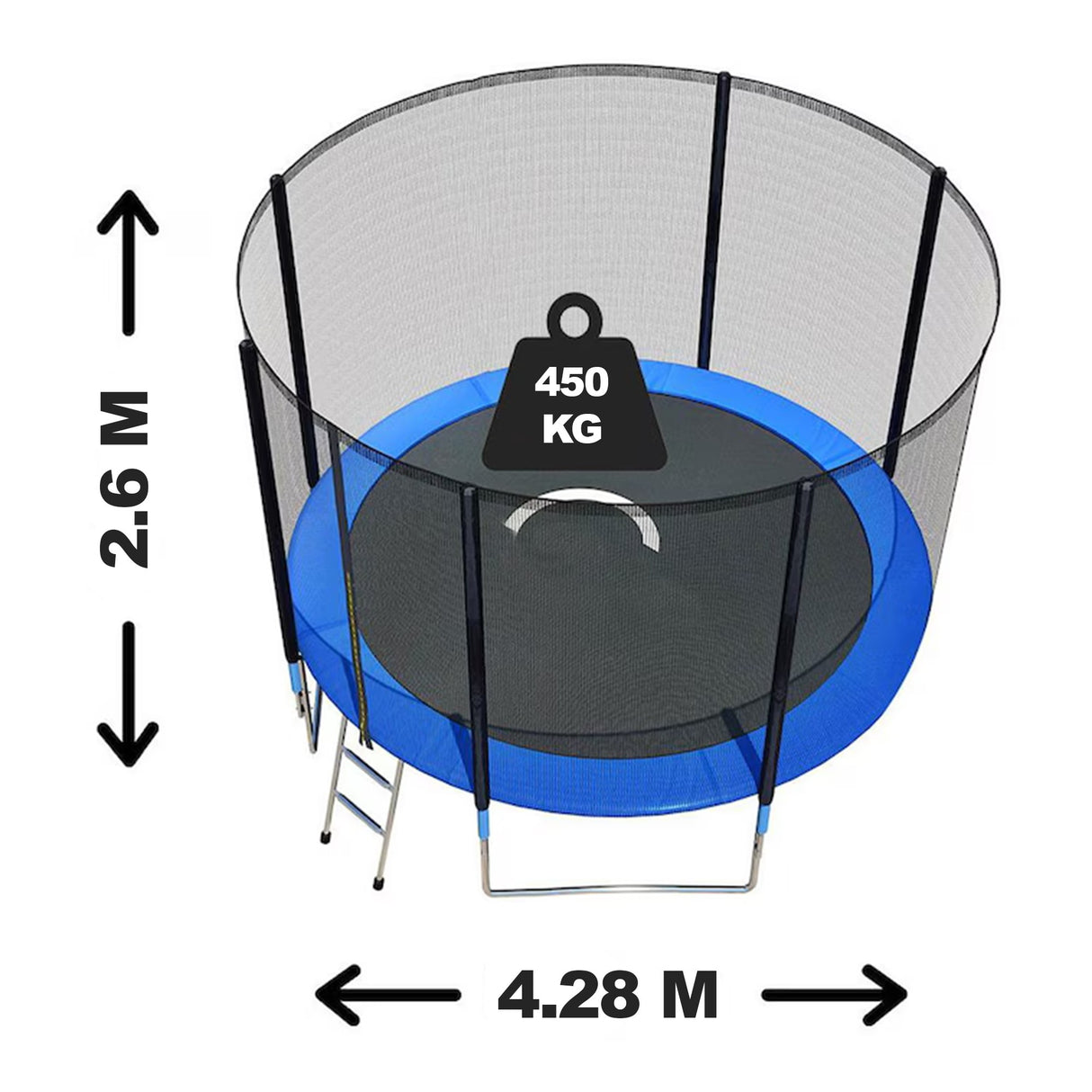 Trambulinǎ Flippy pentru copii montată în grǎdinǎ, vedere de ansamblu, dimensiuni 4.28x2.6 metri
