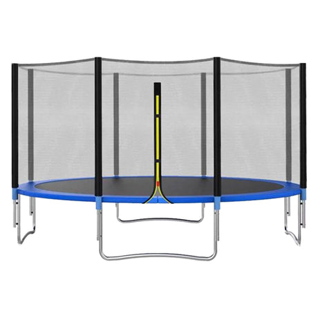 Trambulinǎ Flippy dreptunghiularǎ 4.28x2.6m pentru copii, vedere frontalǎ completǎ, culoare albastru și negru