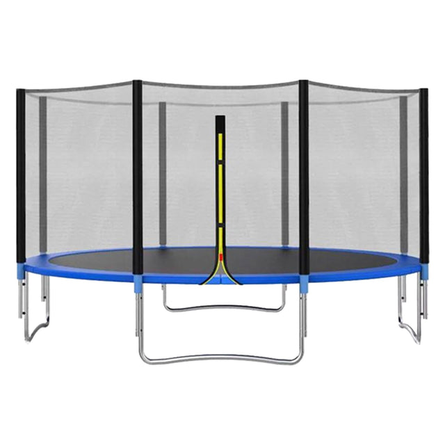 Trambulinǎ Flippy dreptunghiularǎ 4.28x2.6m pentru copii, vedere frontalǎ completǎ, culoare albastru și negru
