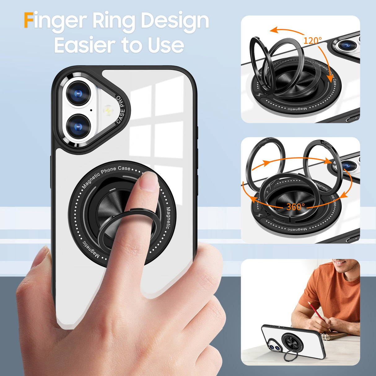 Husă TPU iPhone 16 Plus montată pe telefon, perspectivă spate, design transparent cu accente negre