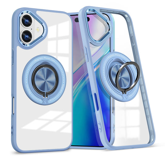 Husa de Protectie TPU, Vivimall, pentru iPhone 16, Anticadere, cu Incarcare Wireless, Tehnologie Magsafe, Inel Magnetic Rotativ cu Functie de Suport, Transparent-Albastru Deschis - vivimall.ro