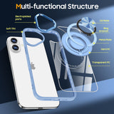 Detaliu decupaje precise husă TPU iPhone 16 Plus MagSafe, butoane și cameră, albastru deschis