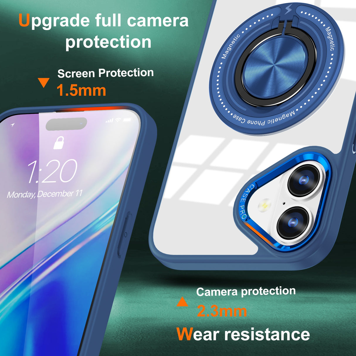 Husă iPhone 16 MagSafe cu inel rotativ 360°, detaliu inel magnetic albastru închis