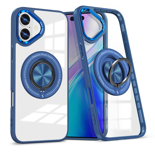 Husa de Protectie TPU, Vivimall, pentru iPhone 16 Plus, cu Incarcare Wireless, Tehnologie Magsafe, Inel Magnetic Rotativ cu Functie de Suport, Transparent-Albastru Inchis - vivimall.ro