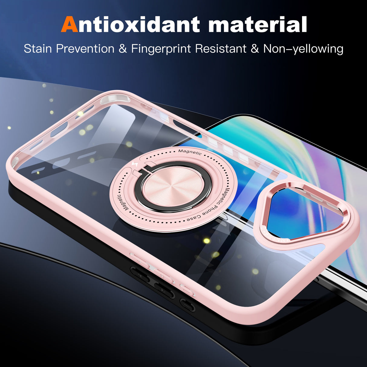 Husă iPhone 16 cu inel rotativ funcție de prindere, perspectivă spate, nuanță roz