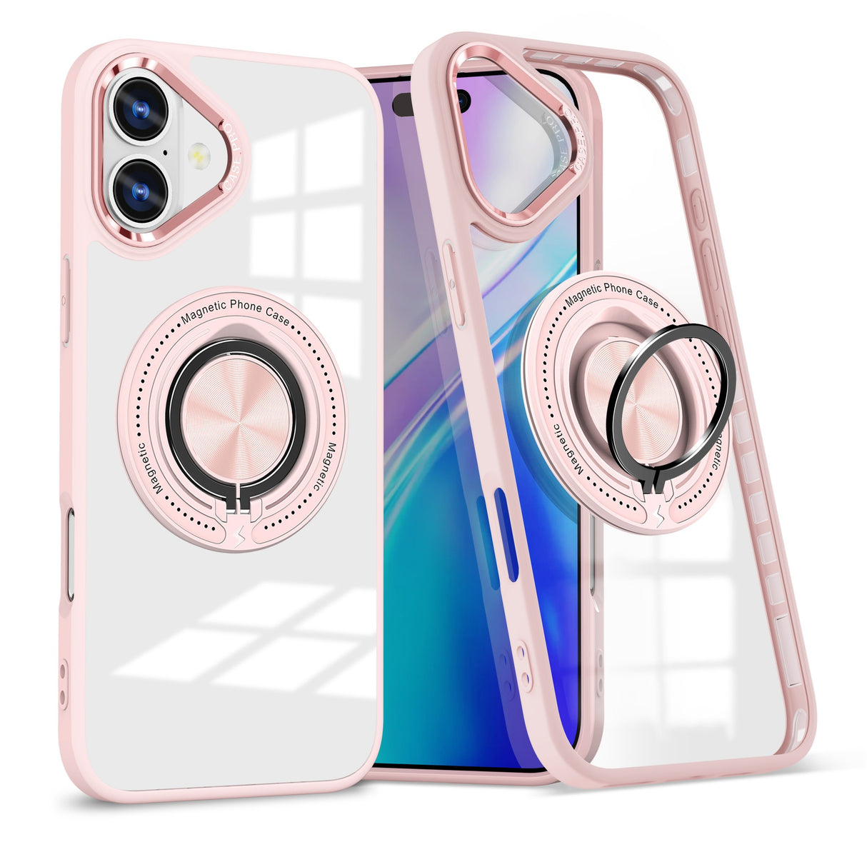 Husă TPU transparentă-roz pentru iPhone 16 cu inel magnetic MagSafe rotativ, vedere frontală