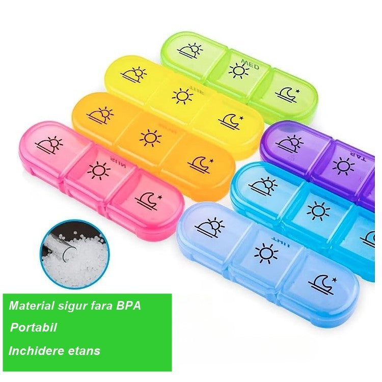 Cutie Depozitare Medicamente, Vivimall, 7 Zile, 21 Compartimente, Cutie Suport, Recipiente Detasabile, Portabila, Compartimente Negre, Cutie Transparenta, 15.6x12 cm - vivimall.ro