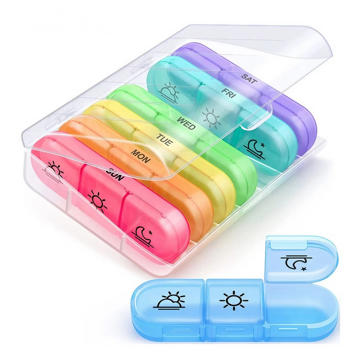 Cutie Depozitare Medicamente, Vivimall, 7 Zile, 21 Compartimente, Cutie Suport, Recipiente Detasabile, Portabila, Compartimente Negre, Cutie Transparenta, 15.6x12 cm - vivimall.ro