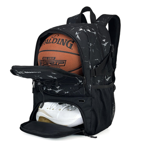 Rucsac de Baschet Multifunctional, Vivimall, pentru Calatorie, Sport, Scoala, cu Compartiment pentru Pantofi si Minge, 32 Litri, 45x32x22 cm, Negru-Alb - vivimall.ro