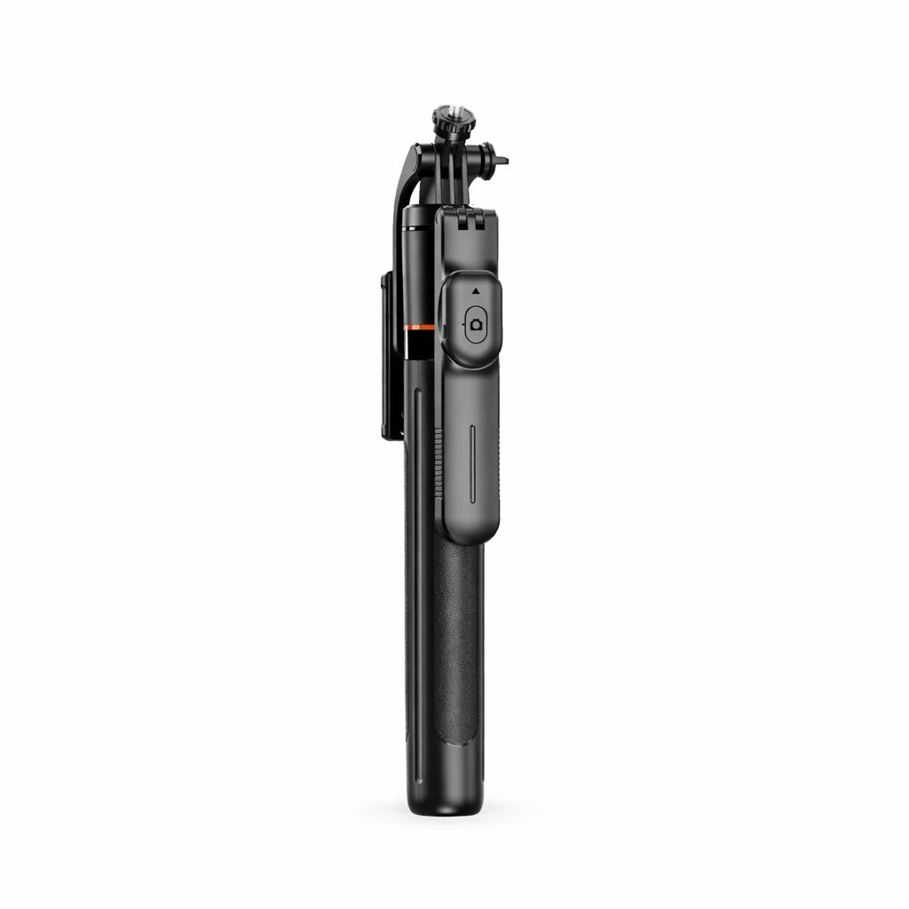 Selfie stick trepied Flippy F16 negru, vedere frontală, telecomandă Bluetooth inclusă