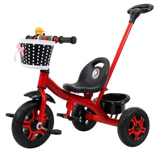 Tricicleta pentru Copii, Vivimall, Tricicleta Model Mickey, Ghidon cu Cos pentru Depozitare, Maner Impingere, Varsta 1-5 Ani, 80 x 60 x 53 cm, Rosu - vivimall.ro