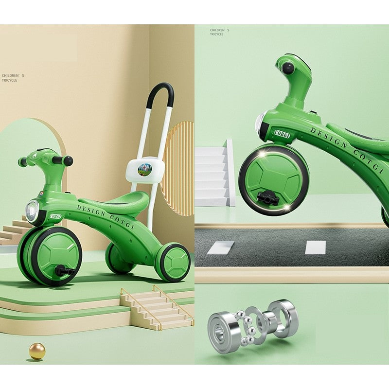 Tricicleta pentru copii Vivimall, pedalare, impingere, lumini si sunete, pedale antiderapante, material dur, cos depozitare, varsta peste 18 luni, 80x40x52 cm, verde - vivimall.ro