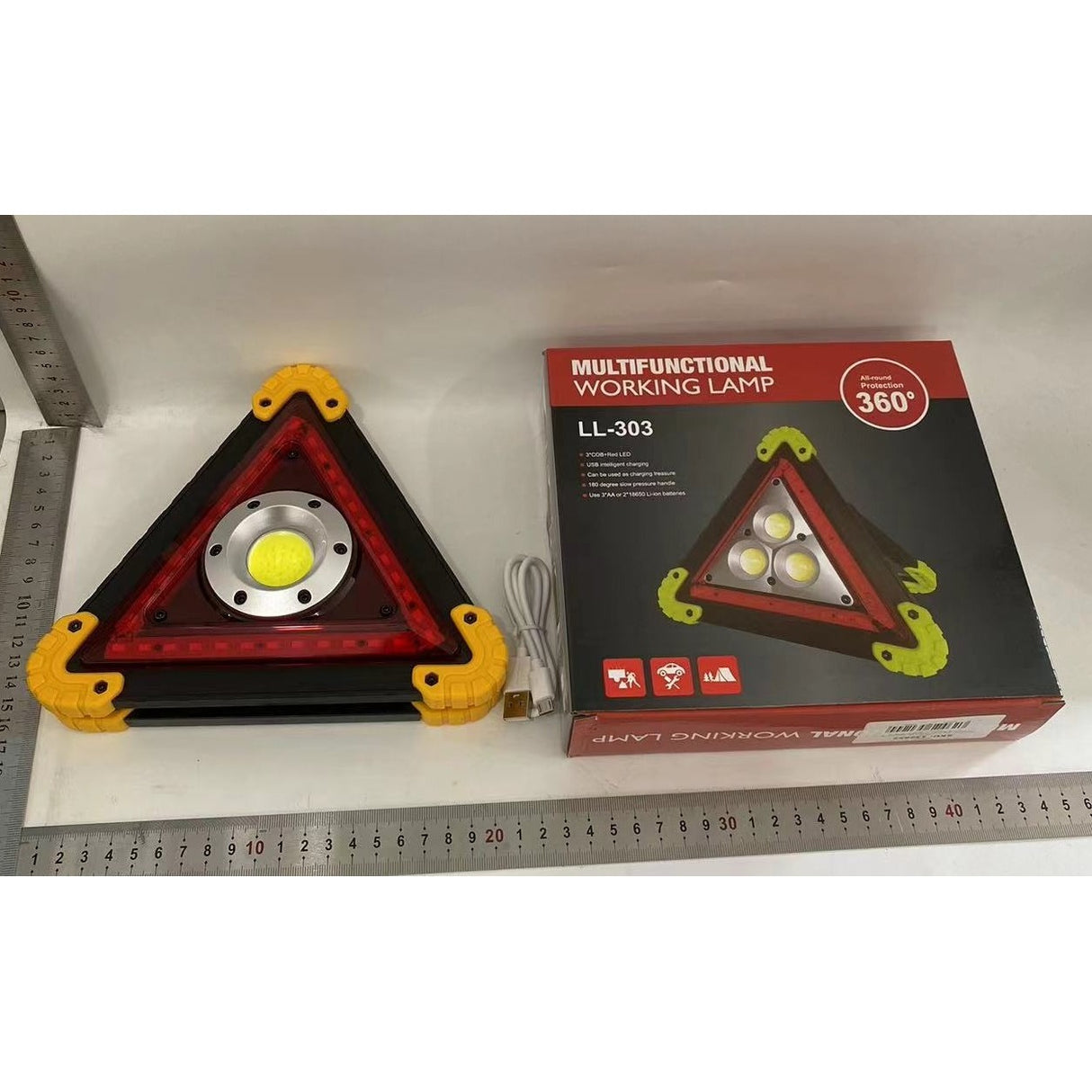 Multifunkciós Elakadásjelző Háromszög, LED Zseblámpa, Vízálló IP65, 800 Lm, 2 X AA, Telefontöltési Funkció, USB és Micro USB, Cob 33