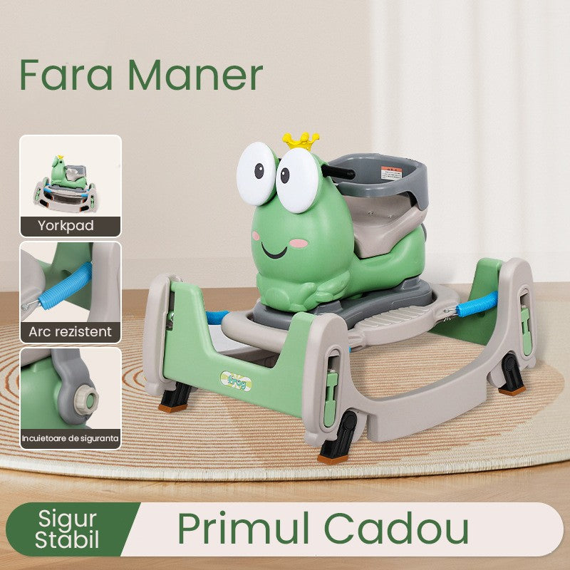 Detaliu sistem de balans mașinuță Cal Scooter verde Vivimall, construcție stabilă fără mâner