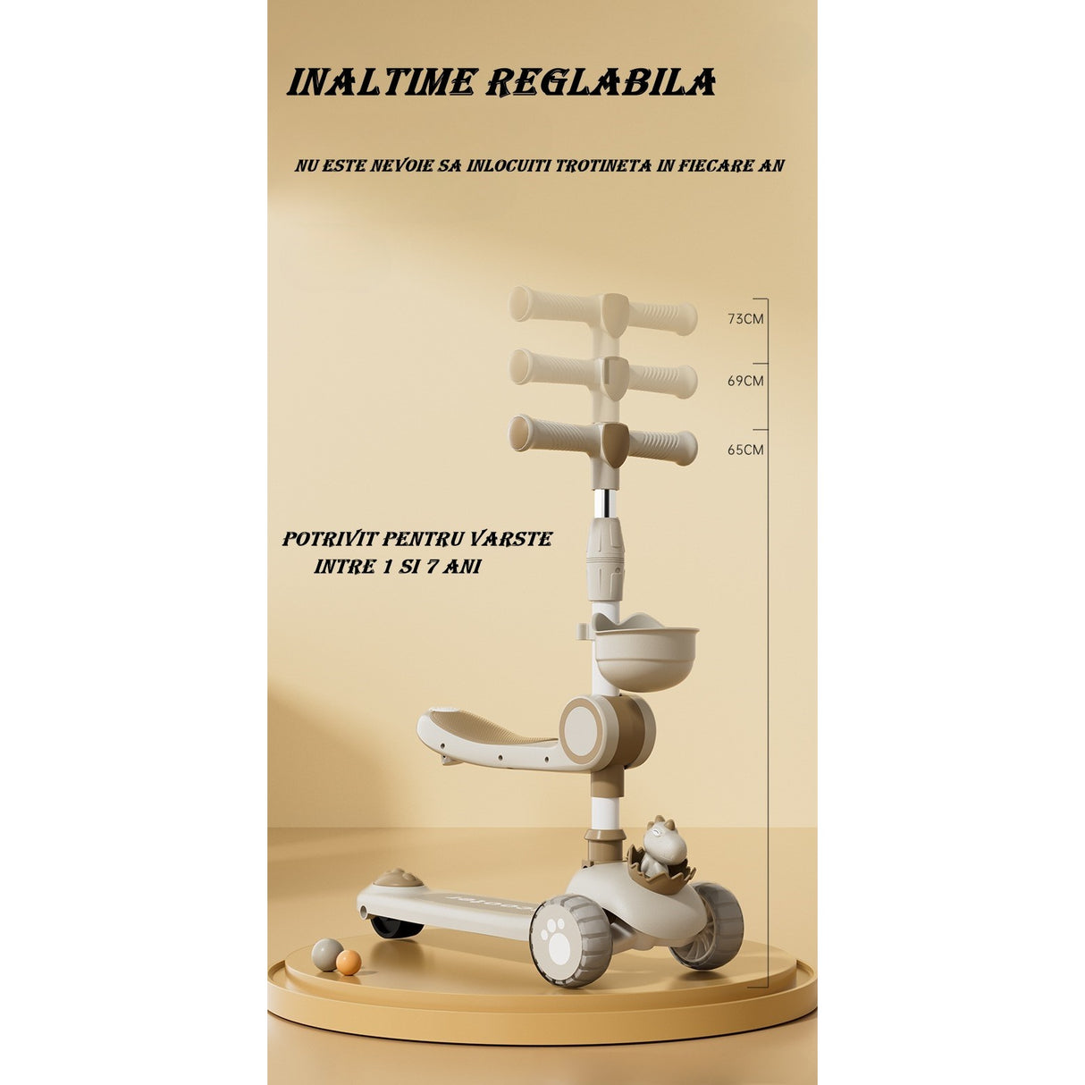 Trotineta Multifunctionala 3 in 1, Vivimall, pentru Copii, 1-7 Ani, cu Lumini si Muzica, Reglabil 360, Pliere Usoara, Reglarea Inaltimii, Model Dinozaur, 67-76 x 24 x 55 cm, Alb/Bej - vivimall.ro