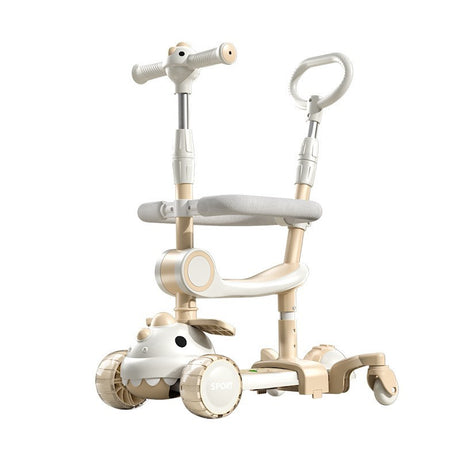 Trotineta Multifunctionala 6 in 1, Vivimall, Pentru Copii De La 10 Luni Pana La 12 Ani, Cu Maner De Impingere, Reglabil 360, Pliere Usoara, Reglarea Inaltimii, Model Dinozaur, Alb/Bej, Resigilat - vivimall.ro