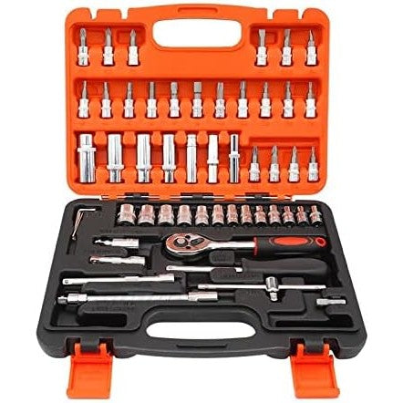 Trusa Chei Tubulare, Set 53 de Piese, Vivimall, Surubelnita, Clichet, Tubulare, Imbus, Prelungitor, 27 x 20 x 5.5 cm, 1.5 kg, Cutie Rosu - vivimall.ro