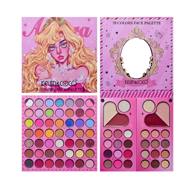 Trusa de Machiaj, KEVIN & COCO, Princess Palette. Fard de Pleoape, Iluminator, Corector, Ruj, 79 culori, 19.7 x 20 x 2 cm - vivimall.ro