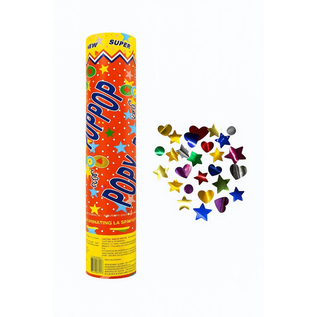 Tun de Confetti, Vivimall, Party Popper 40 cm, Model Stelute, Inimioare, Paiete Lucioase, 3 cm Diametru, Multicolor - vivimall.ro