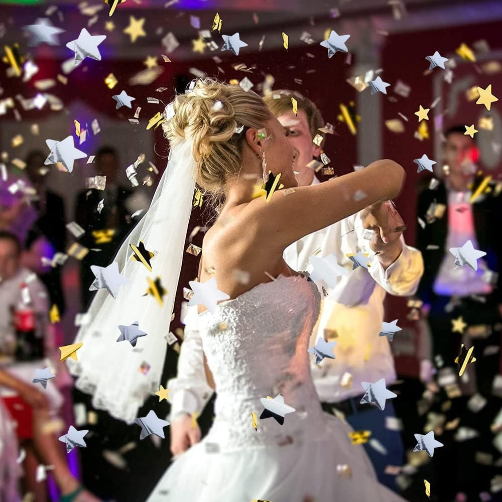 Tub de Confetti, Vivimall, Bonne Annee, 60x5 cm, Confetii Stelute din Aluminiu, Auriu/Argintiu - vivimall.ro