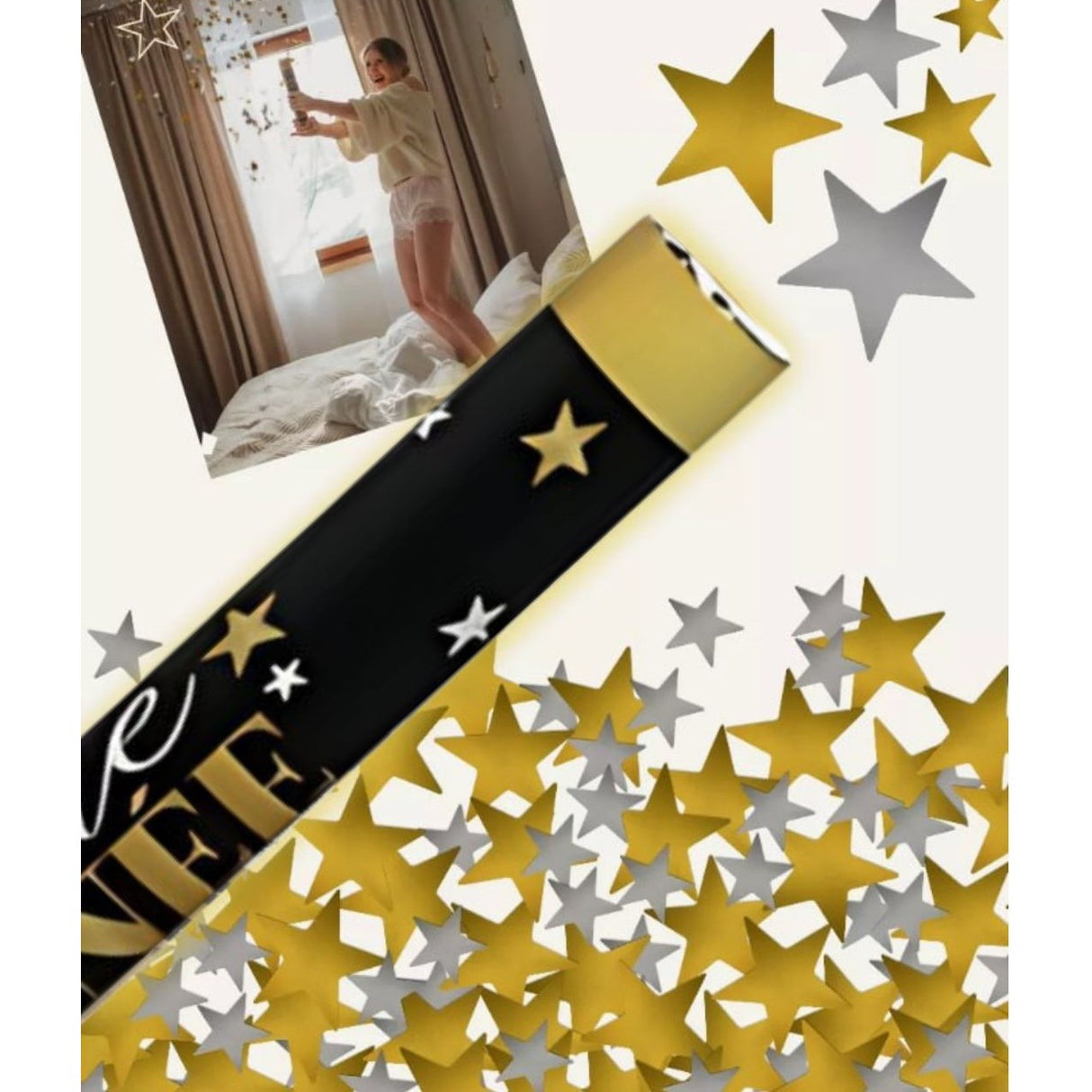 Tub de Confetti, Vivimall, Bonne Annee, 60x5 cm, Confetii Stelute din Aluminiu, Auriu/Argintiu - vivimall.ro