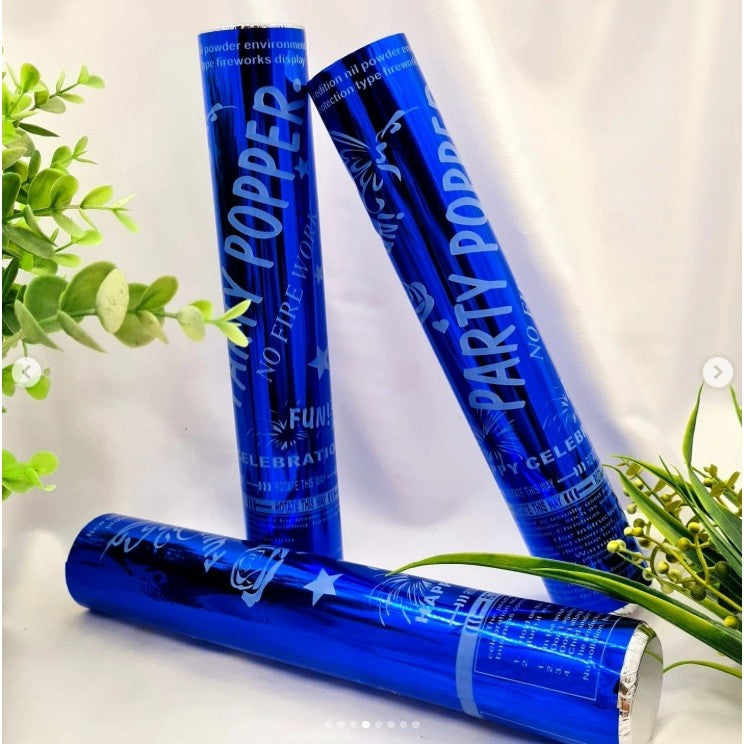 Tub de Confetti, Vivimall, Party Popper, 30x5 cm, Confetii Lucioase Rezistente la Foc, Eliberare prin Rasucire, Albastru - vivimall.ro