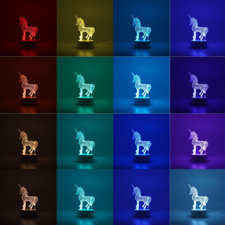 Lampa LED decorativa, Vivimall, 3D, Unicorn, cu USB si baterii, 20 cm inaltime, din material acril, lumina multicolora si telecomanda inclusa, alb - vivimall.ro