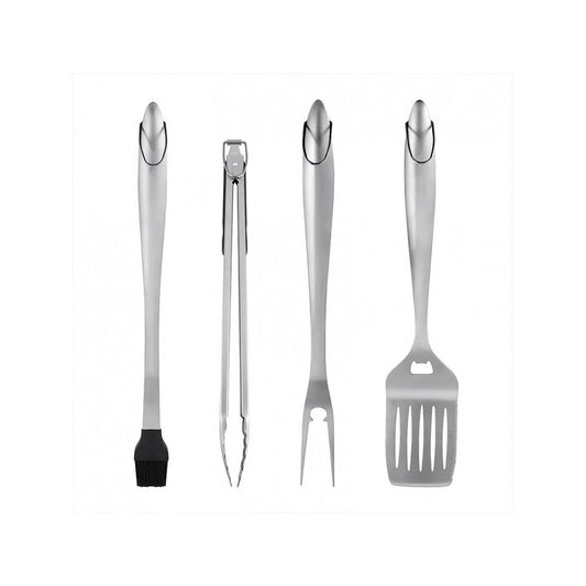 Set 4 ustensile pentru gratar Vivimall, din otel inoxidabil, cu agatatoare, rezistente la temperaturi ridicate, argintiu - vivimall.ro